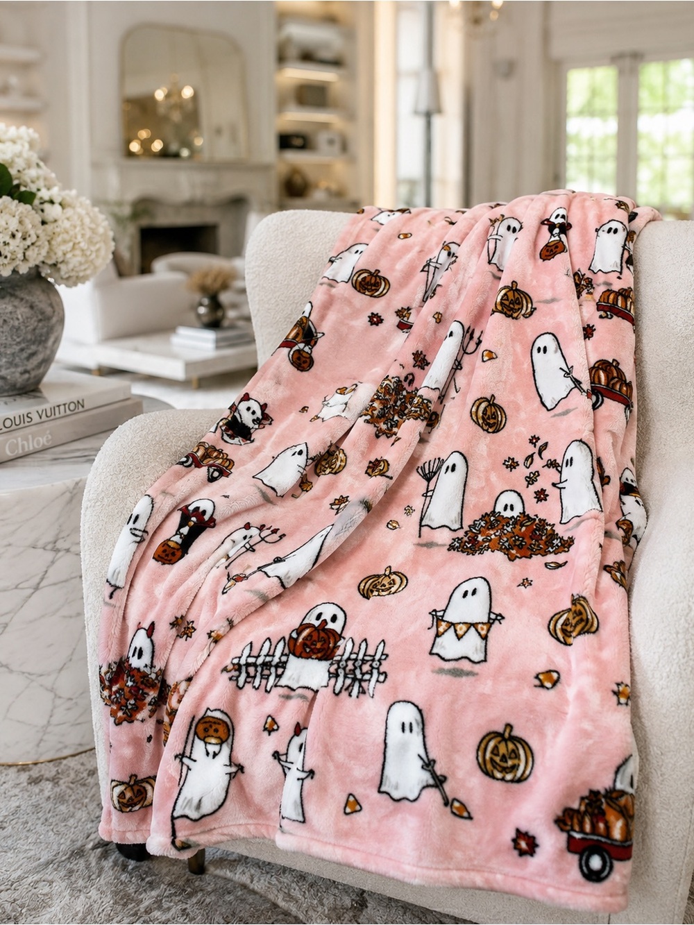 Isaac Mizrahi New York Oversized Pink Halloween Ghost Decorative Throw Blanket